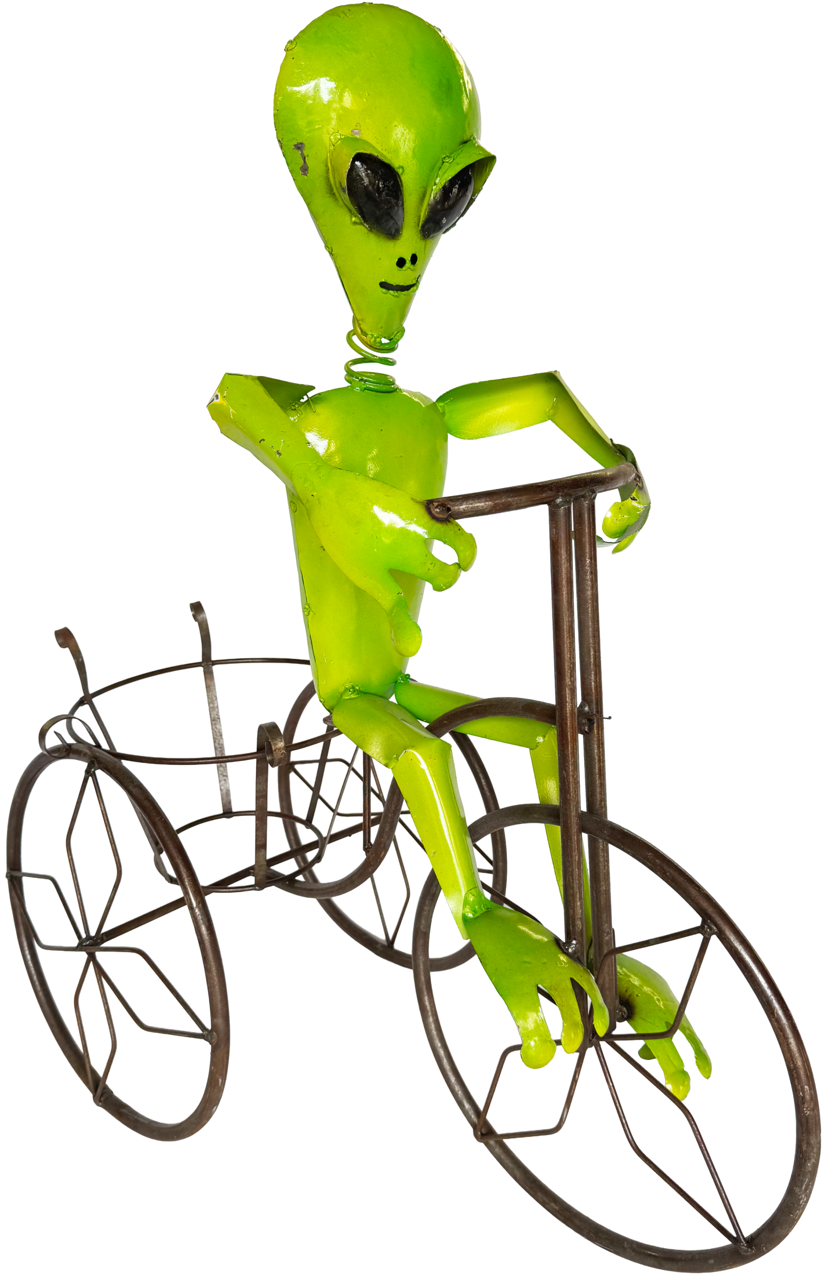 Alien on tricycle metal yard decor