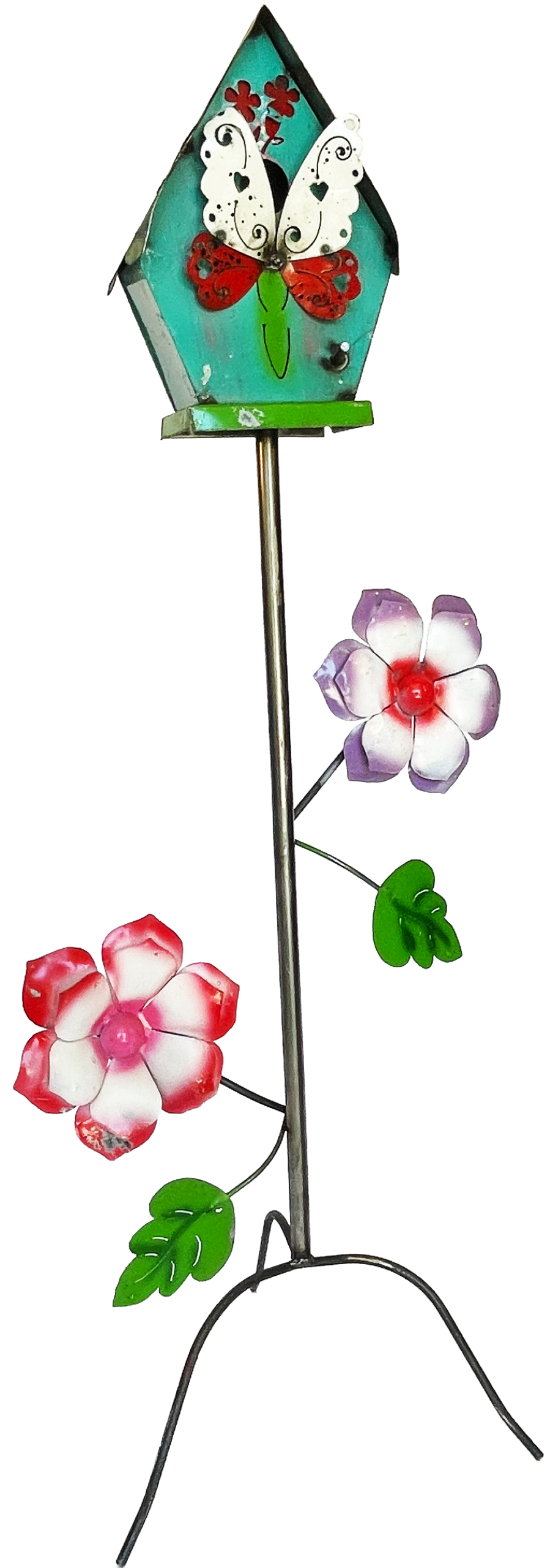 Birdhouse with flowers metal yard decor