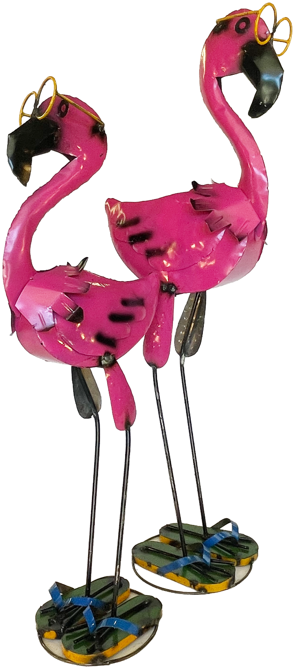 Pink flamingo with glasses and flip flops metal yard decor